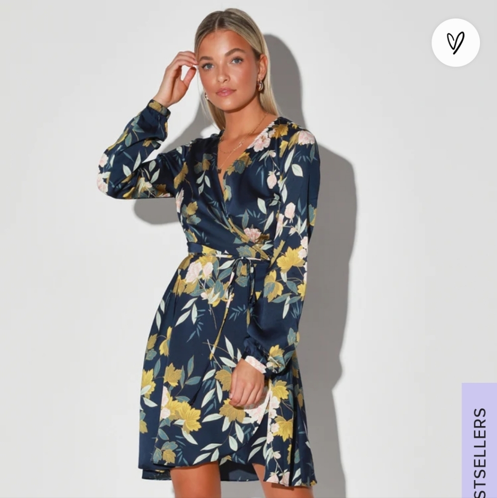 Love is Life Lulu's Floral Long Sleeve Wrap Dress - Navy and Yellow